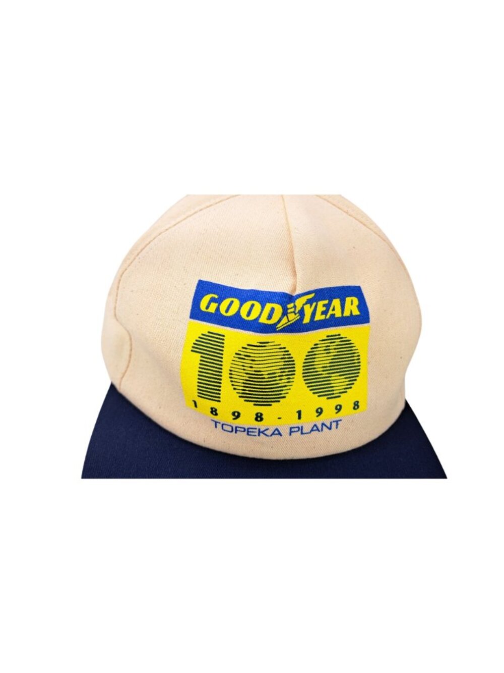 Vintage Goodyear 100th Anniversary Topeka Kansas Cap Snapback Hat Tan Blue New - Picture 2 of 8